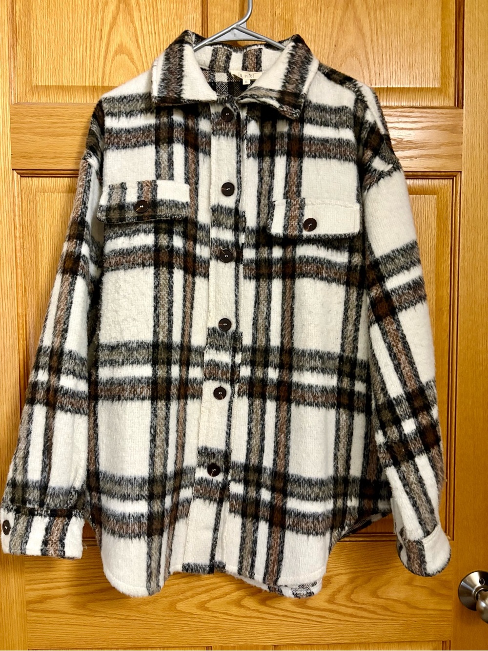 Women’s Plaid Shacket Jacket in White, Brown & Black
